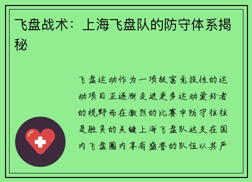 飞盘战术：上海飞盘队的防守体系揭秘